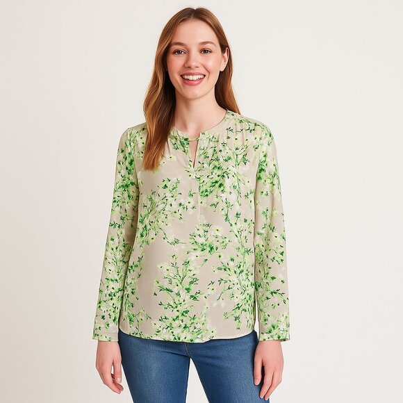 2/$30 Calvin Klein  Tan Green Floral Long Sleeve V-neck Blouse with stretch  L - Picture 1 of 8